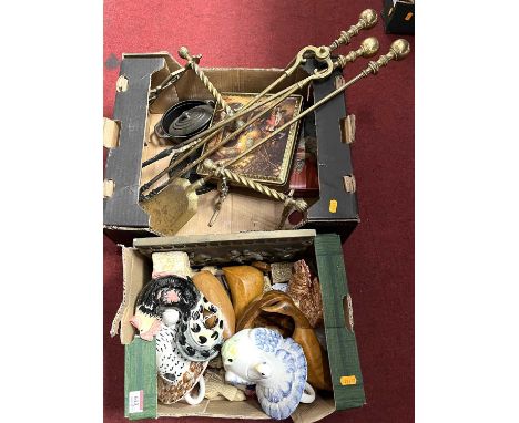 A collection of ceramics and metalware, to include fire tools, novelty teapots, part chess set etc 