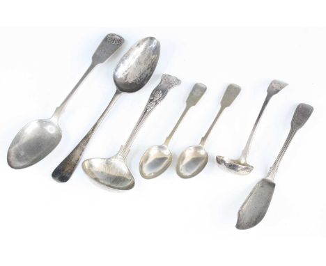 A Victorian silver serving spoon in the fiddle pattern, maker John James Whiting, London, 1850, together with various other s