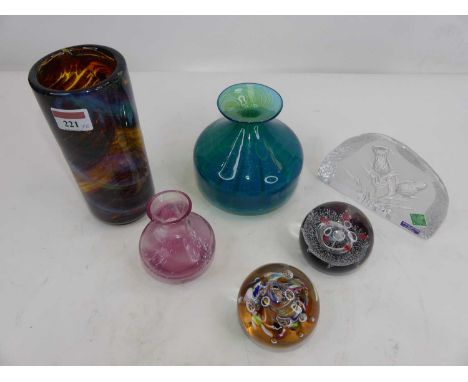 A Mdina glass cylinder vase, h.19cm; together with an Edinburgh Crystal clear glass paperweight; two by Caithness; a Mdina tu