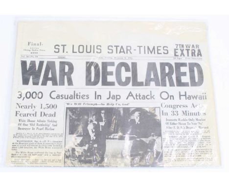 An edition of the St. Louis Star-Times, dated Monday Evening, December 8, 1941, with the headline "War Declared", together wi