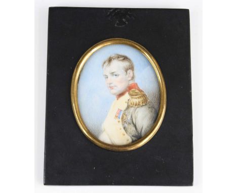 Continental School, portrait miniature of Napoleon Bonaparte, in ebonised frame, together with various Napoleon prints to inc