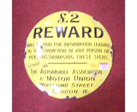 An AA enamel on metal convex sign, inscribed '£2 Reward by order of the Automobile Association', dia.30cm 