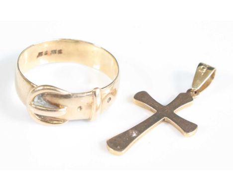 A yellow metal 6mm buckle ring, size U½, gross weight 4.4g; together with a yellow metal cross pendant, length 32mm (includin