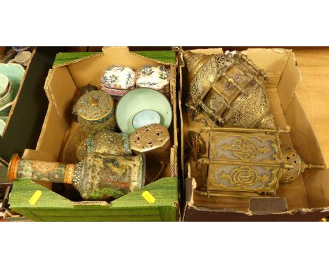 Miscellaneous items to include Chinese enamel decorated boxes and Islamic brass hanging lanternsBoth bowls are cracked and ch