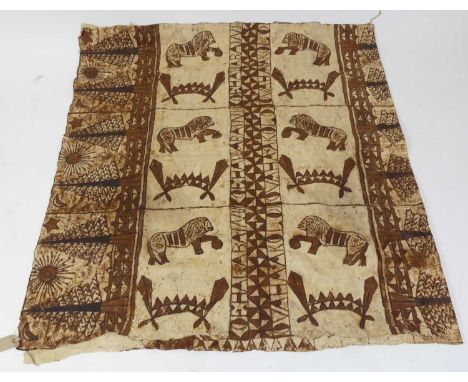 A mid-20th century Polynesian tapa cloth, the vendor informs us that this was a backdrop at the funeral of Queen Salote of To