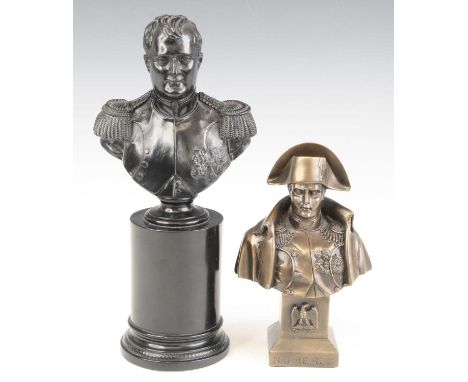 A modern resin head and shoulders portrait bust of Napoleon Bonaparte, in military dress, raised upon a column, h.25cm, toget