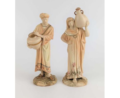 Two Royal Worcester blush ivory porcelain figures of water carriers, late 19th century, each having a puce mark and numbered 