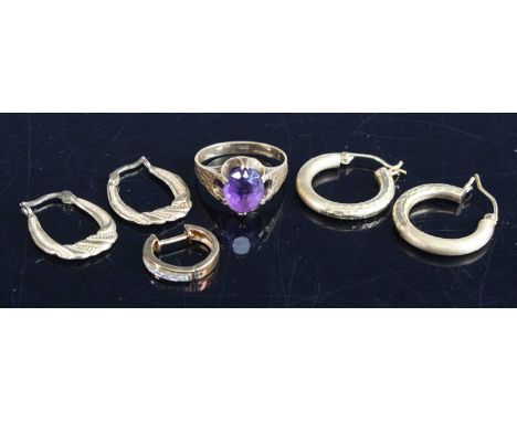 A 9ct gold amethyst set dress ring, size M; together with two pairs of modern 9ct hollow gold hoop earrings; and a single exa
