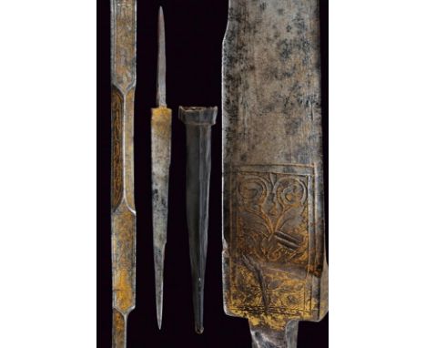 dating: circa 1500 provenance: Italy, Solid, single-edged blade with strongly enlarged back and carved in sectors featuring f