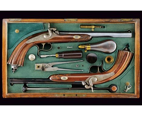 dating: Mid 19th Century provenance: Vienna, Long, rifled, browned, octagonal, 9 mm cal. barrels, the bases engraved with flo