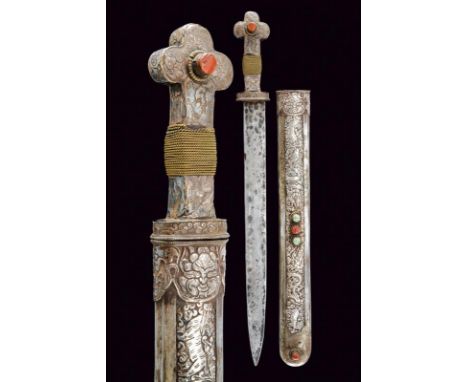 dating: Late 19th Century provenance: Tibet, Strong, straight, single-edged blade. Hilt covered in silver foil with trefoil-s