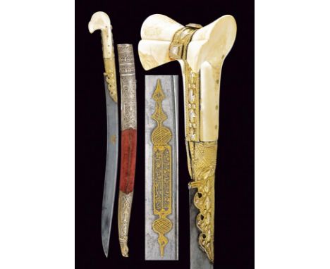 dating: 19th Century provenance: Turkey, Long, curved, single-edged blade with back groove and ribbed back, with a gold-inlai