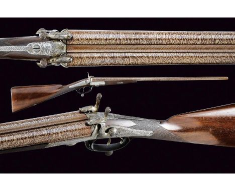 dating: 1860-70 provenance: United Kingdom, Round barrels,  finishing with damascus pattern (probably refreshed), central rib