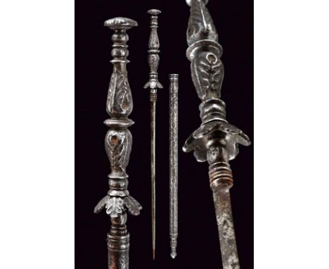 dating: 17th Century provenance: Italy, Long, thin blade of triangular section, the base with olive-shaped knot; solid hilt w