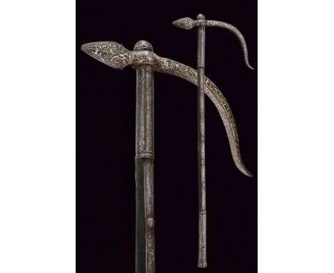 dating: late 18th Century provenance: Syria, Leaf-shaped, iron spearhead with long curved beak, wooden shaft with remains of 