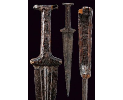 dating: 15th Century provenance: Swiss, Triangular, double-edged blade, ribbed at the first part and then grooved; rust damag