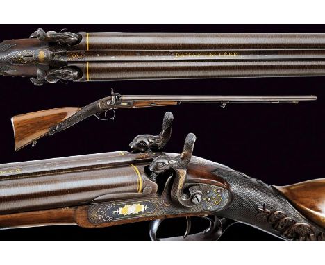 dating: Mid 19th Century provenance: Belgium, Smoothbore, round, damask and browned, 17 mm cal. barrels, the base with gilded