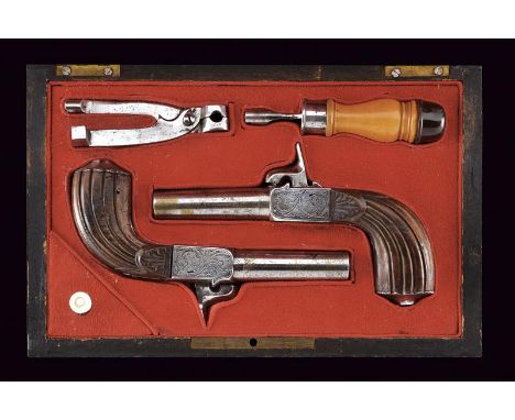 dating: Mid 19th Century provenance: France, Round, smoothbore, turn-off, 10 mm cal barrels, the bases marked '278'. Box-lock