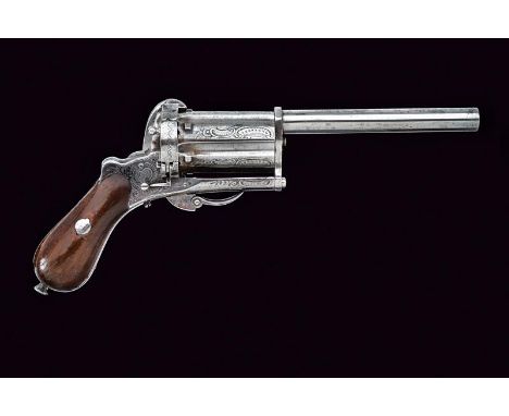 dating: about 1870 provenance: Belgium, Smoothbore, round, 9 mm cal. barrel; grooved, six-shot cylinder engraved with rocaill