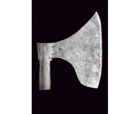 dating: circa 1600 provenance: Europe, Axe with long, slightly curved edge. Base with three deep marks, two of them are 'V'. 