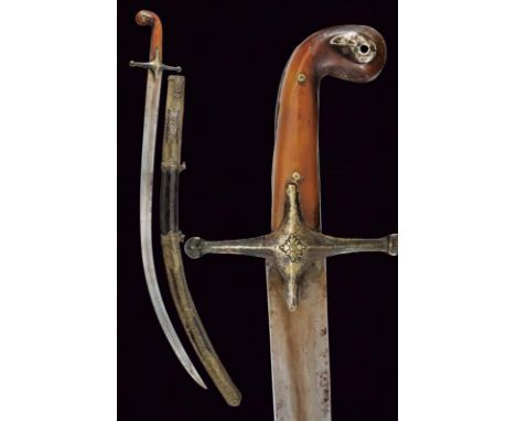 dating: Mid 19th Century provenance: Turkey, Curved, flat, single-edged blade made of damask. Silver hilt with cross-shaped h