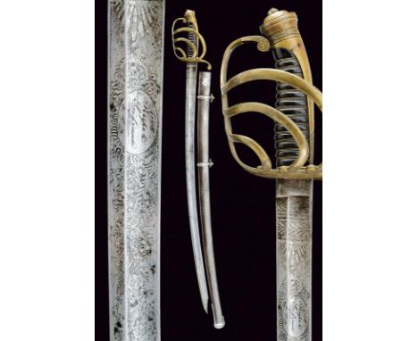 dating: 1864 provenance: Naples, Curved blade with double fuller towards the tip, with clearly visible engravings depicting r