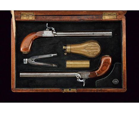 dating: Mid 19th Century provenance: Belgium, Round, smoothbore, 11 mm cal barrels made of fine damask; boxlock type frames f