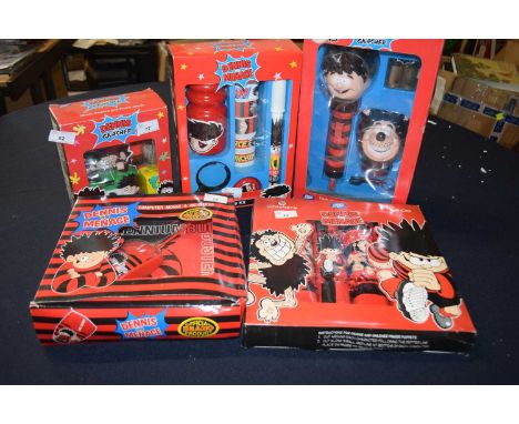 5 Dennis The Menace collectors items, Computer mouse and mousepad, christmas crackers, 35mm camera and photo album, Cycle kit