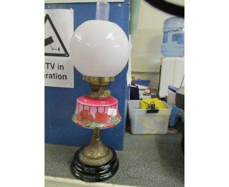 Good quality Victorian Oil Lamp, with cranberry and poppy decoration, 57cm