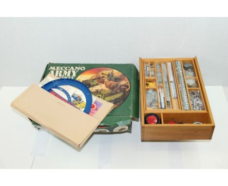 Meccano Army MultiKit, plus wooden box of earlier Meccano, instructions, etc