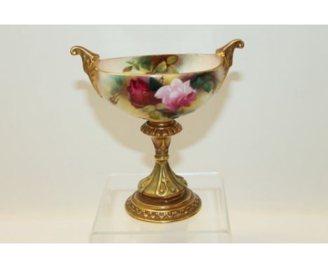 Royal Worcester pedestal sweetmeat dish, hand decorated with pink roses on a blush ground, printed marks to base, Royal Worce