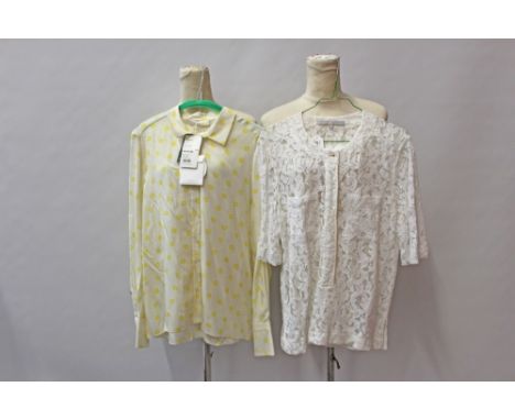 Victoria Beckham white lace short-sleeve blouse, size 4, plus Chloé cream silk-mix blouse with yellow print decoration, size 