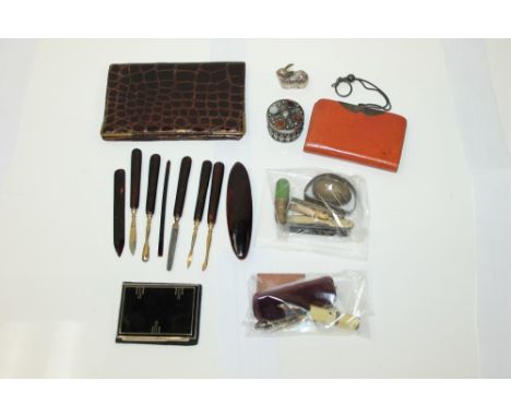 Art Deco-style black and white metal powder compact with original pochette, crocodile leather wallet, leather purse with silv