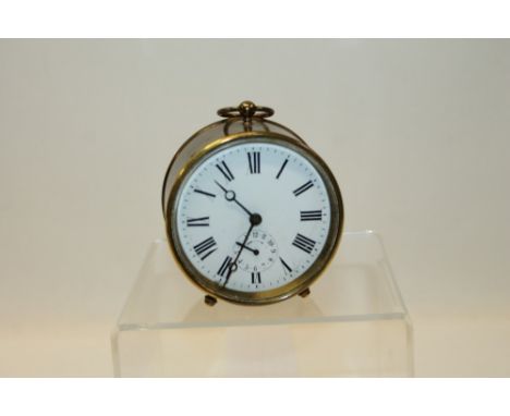 Early 20th century alarm clock with cylinder escapement and white circular dial with Roman numerals and subsidiary alarm dial