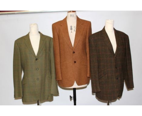 Gentlemen's vintage three tweed jackets, makers include Gala Forest made in Scotland, plus silk paisley dressing gown by New 