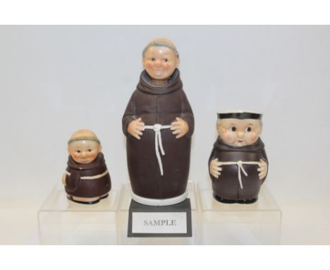 Selection of Goebel Monk figures including a decanter / cigarette dispenser, cruet, bottle stopper, etc