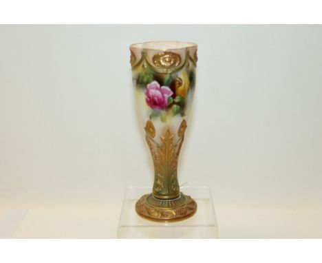 Jenny Lander for Royal Worcester - vase of tapering quatrefoil form, with relief moulded flowers and acanthus leaves, hand pa