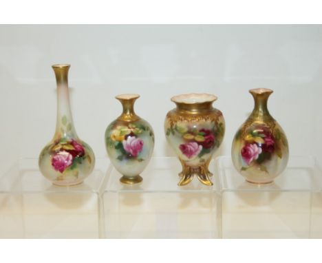 Royal Worcester vase hand decorated with roses on a blush ground, together with three similar Royal Worcester vases. Printed 