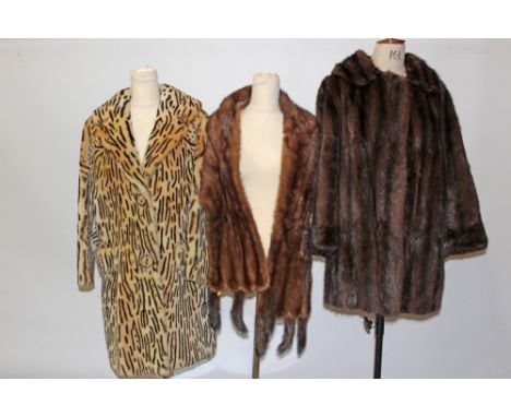 Ladies' vintage circa 1950s simulated tiger skin fur coat, a musquash fur coat and mink shaped wrap with tippet tail trim (pl