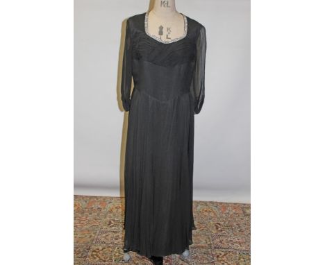 Ladies' vintage dresses - 1940s black silk crepe evening gown by Marshall Snelgrove, ruched bodice and diamanté trim to sweet