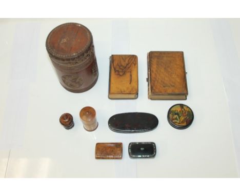 Chinese carved bamboo container with slip-on cover, bible and another Hebrew book with olive wood covers, burr wood snuff box