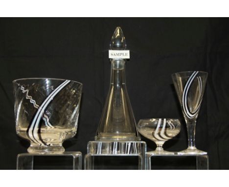Quantity of Caithness glassware with black and white striped decoration - including decanter, ten wine glasses, napkin rings,