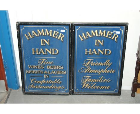 Pair old pub signs 'Hammer in Hand', gold lettering on a blue ground with black frames