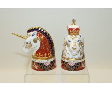 Two Royal Worcester limited edition candle snuffers in the form of the Lion and the Unicorn with Imari decoration. Printed ma