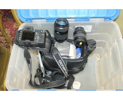 Photographic equipment and cameras - comprising an Olympus E500 digital camera with two Zuiko zoom lenses and a Canon MV20 di