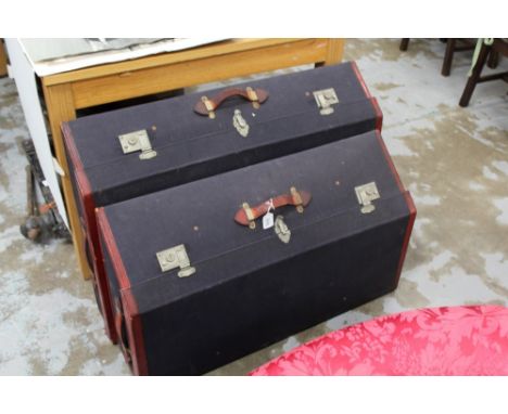 Pair good quality 1930s fitted car suitcases by Stockdales - blue canvas with red leather corners and handles - believed from