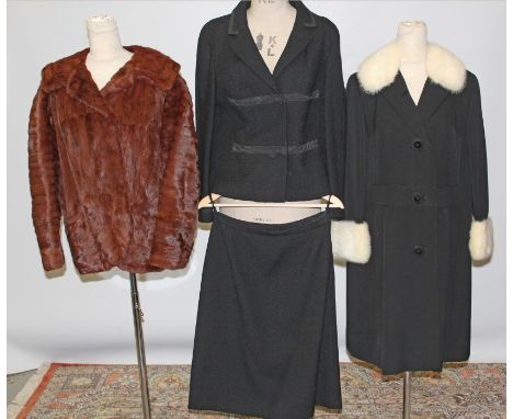 Ladies' vintage black wool and worsted coat with mink cuffs and collar, waisted design with large button fastenings, circa 19