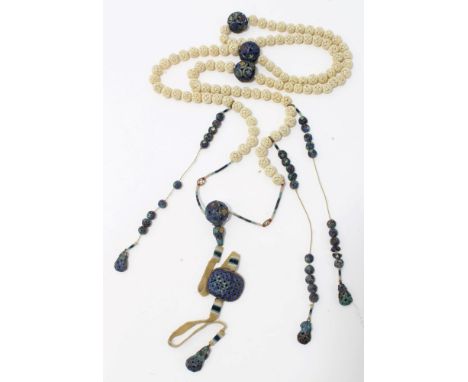 Fine 19th century Chinese Mandarin pierced ivory bead necklace with pierced enamelled ball and plaque decoration, approximate