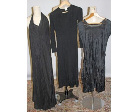 Ladies' 1920s black silk and needle-run lace dress, 1940s black silk halter-neck evening gown, 1930s navy and lace dress, ano