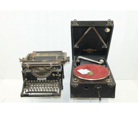 1930s Columbia portable wind-up gramophone with needles and a vintage Underwood typewriter (2)